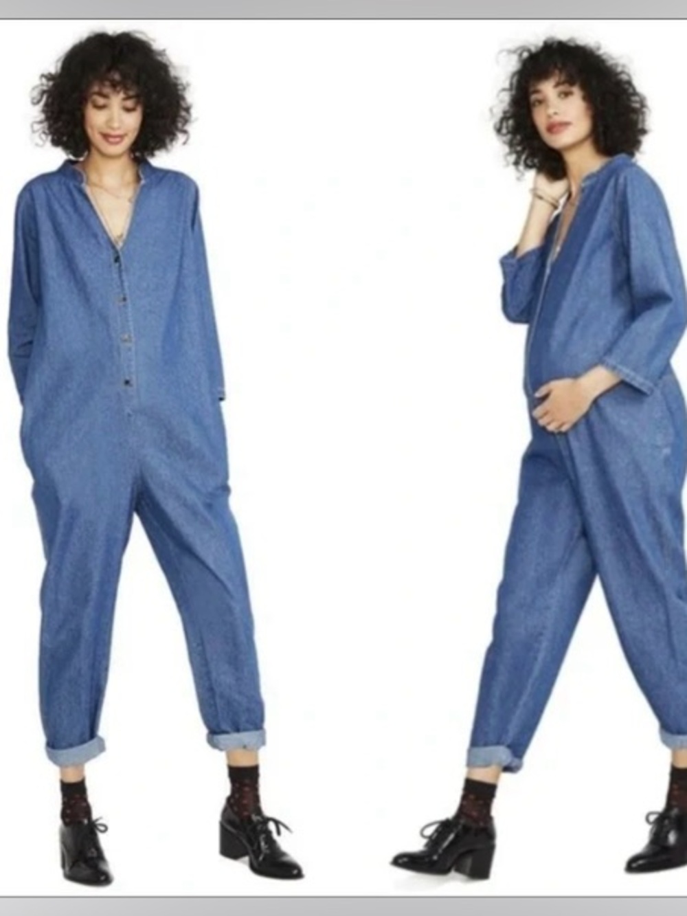HATCH Rae Denim Oversized Jumpsuit 3/4 Sleeve One-Piece Utility Romper
